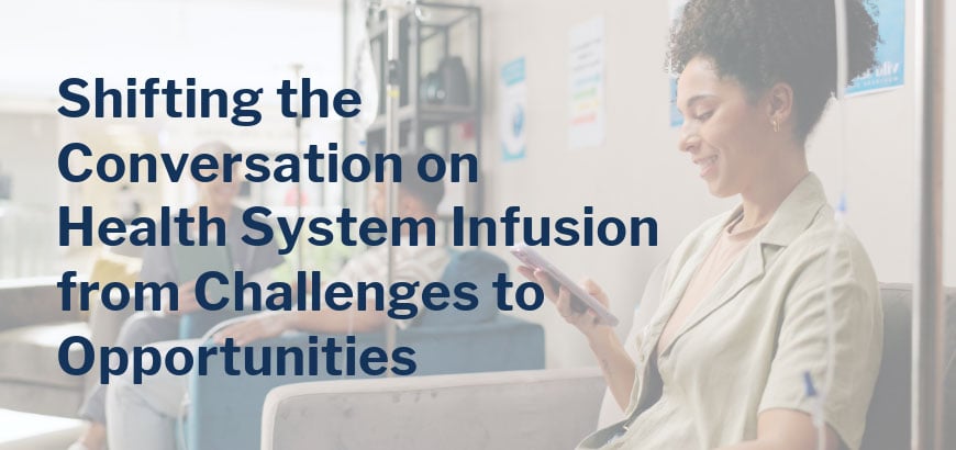 Woman holding a tablet with blurred face, sitting in a waiting area with text overlay about health system infusion.