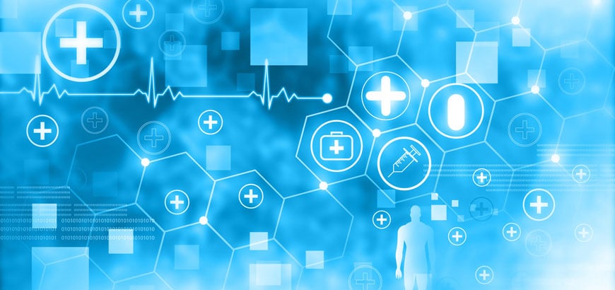 Abstract medical background with healthcare symbols and a human silhouette in the lower right corner[^i^].