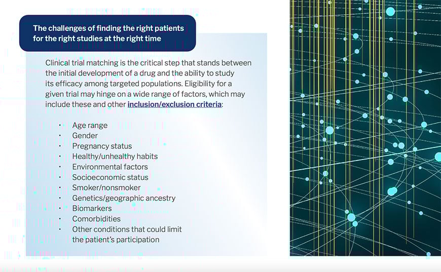 Slide discussing the challenges of finding the right patients for clinical trials, listing inclusion/exclusion criteria such as age, gender, and health status.