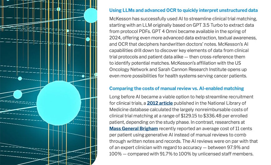 Image with text discussing the use of AI in healthcare for interpreting unstructured data and comparing costs of manual review vs. AI-enabled matching.